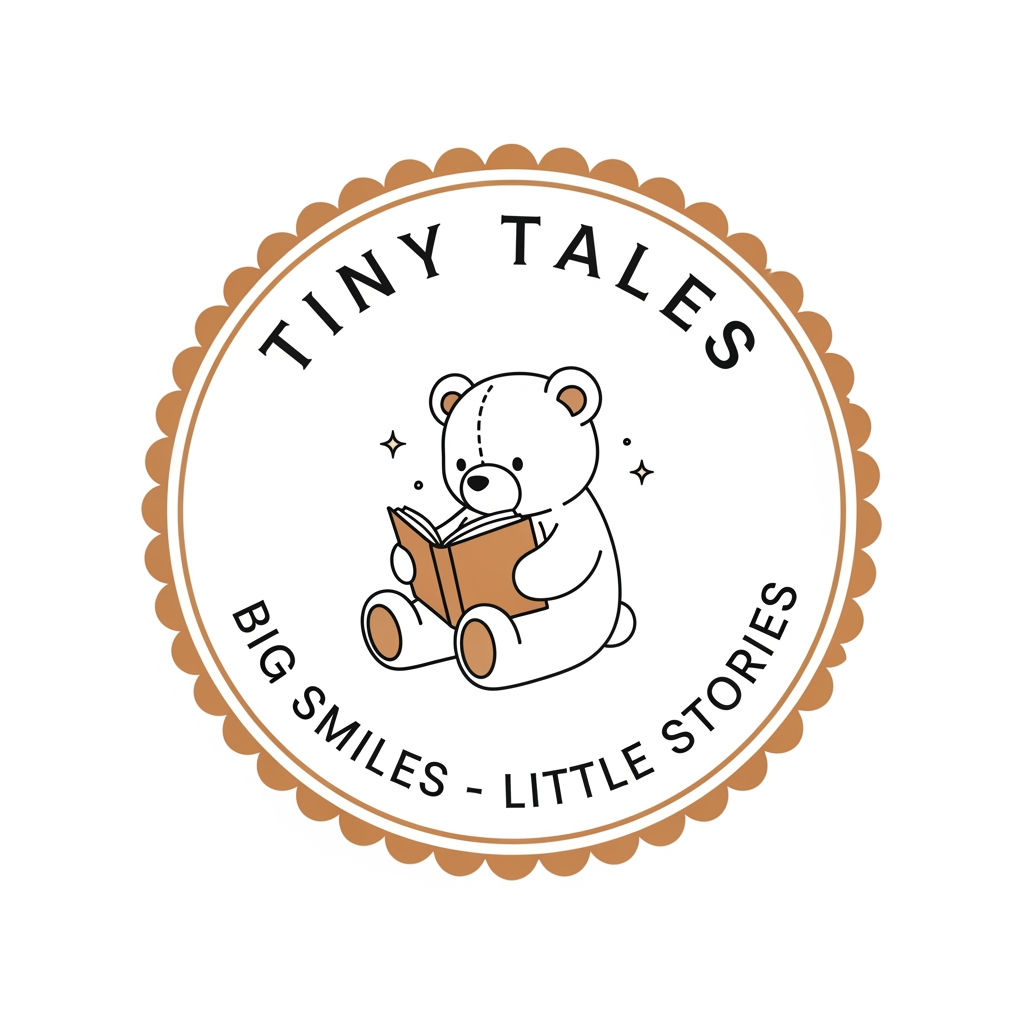AI Design for Create a premium minimalist logo for a children's storytelling brand named "Tiny Tales". Design a circular badge logo with a soft beige and brown color palette. In the center, place a cute line-art teddy bear reading an open book, with tiny sparkling stars beside the bear. Add the text "TINY TALES" in elegant uppercase curved lettering at the top of the circle and the slogan "BIG SMILES · LITTLE STORIES" curved at the bottom. Surround the circle with a scalloped badge border in warm caramel brown. Use clean vector lines, minimalist illustration style, professional children's brand identity, cozy storybook aesthetic, high resolution, transparent background, suitable for YouTube, Instagram, and merchandise.