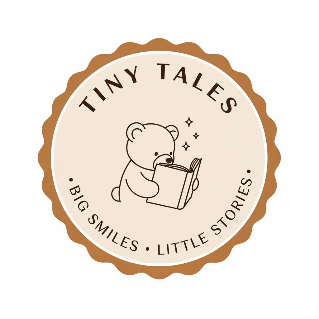 AI Design for Create a premium minimalist logo for a children's storytelling brand named "Tiny Tales". Design a circular badge logo with a soft beige and brown color palette. In the center, place a cute line-art teddy bear reading an open book, with tiny sparkling stars beside the bear. Add the text "TINY TALES" in elegant uppercase curved lettering at the top of the circle and the slogan "BIG SMILES · LITTLE STORIES" curved at the bottom. Surround the circle with a scalloped badge border in warm caramel brown. Use clean vector lines, minimalist illustration style, professional children's brand identity, cozy storybook aesthetic, high resolution, transparent background, suitable for YouTube, Instagram, and merchandise.