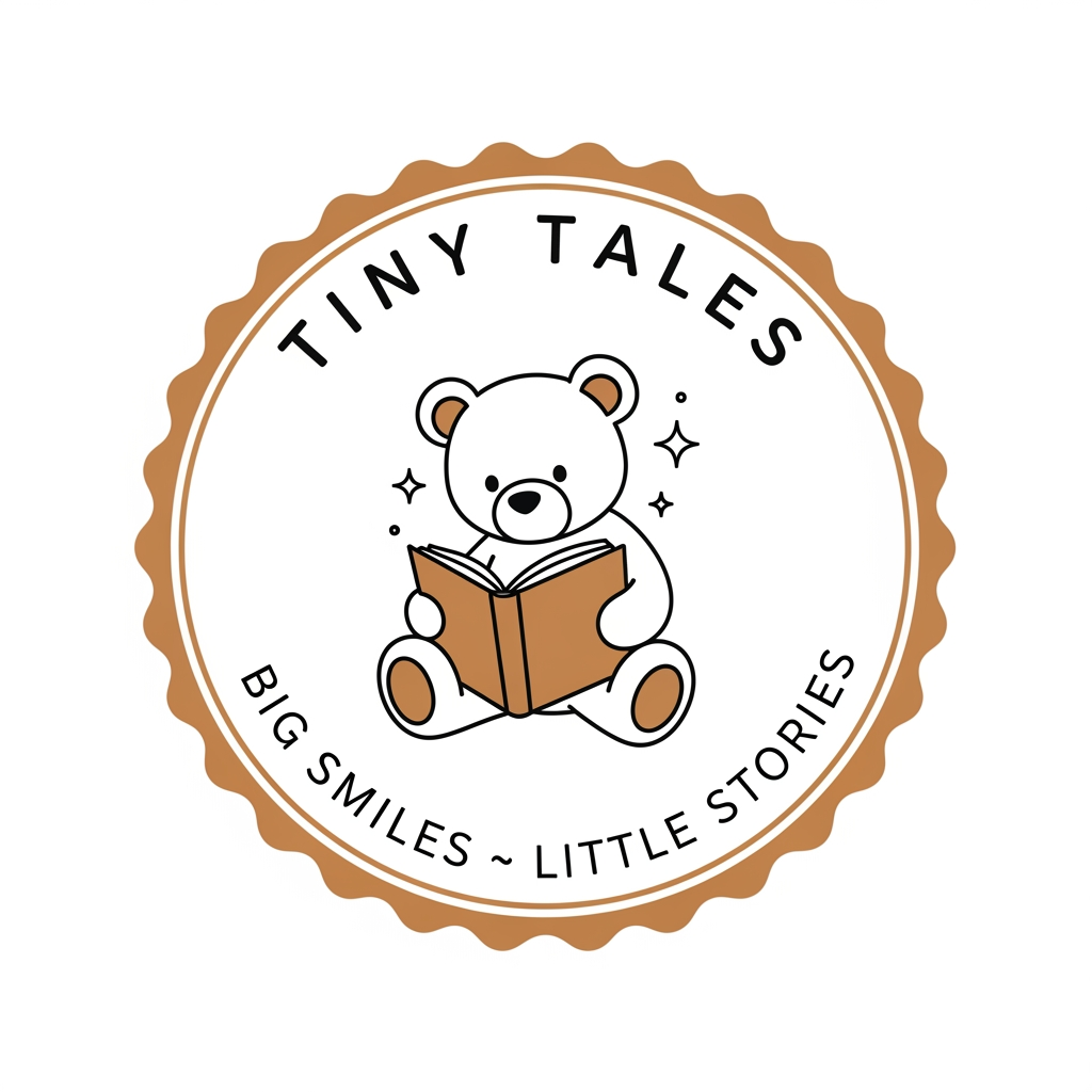 AI Design for Create a premium minimalist logo for a children's storytelling brand named "Tiny Tales". Design a circular badge logo with a soft beige and brown color palette. In the center, place a cute line-art teddy bear reading an open book, with tiny sparkling stars beside the bear. Add the text "TINY TALES" in elegant uppercase curved lettering at the top of the circle and the slogan "BIG SMILES · LITTLE STORIES" curved at the bottom. Surround the circle with a scalloped badge border in warm caramel brown. Use clean vector lines, minimalist illustration style, professional children's brand identity, cozy storybook aesthetic, high resolution, transparent background, suitable for YouTube, Instagram, and merchandise.