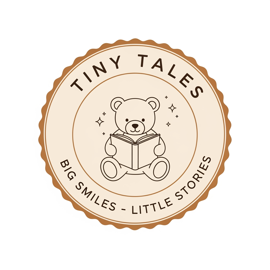 AI Design for Create a premium minimalist logo for a children's storytelling brand named "Tiny Tales". Design a circular badge logo with a soft beige and brown color palette. In the center, place a cute line-art teddy bear reading an open book, with tiny sparkling stars beside the bear. Add the text "TINY TALES" in elegant uppercase curved lettering at the top of the circle and the slogan "BIG SMILES · LITTLE STORIES" curved at the bottom. Surround the circle with a scalloped badge border in warm caramel brown. Use clean vector lines, minimalist illustration style, professional children's brand identity, cozy storybook aesthetic, high resolution, transparent background, suitable for YouTube, Instagram, and merchandise.