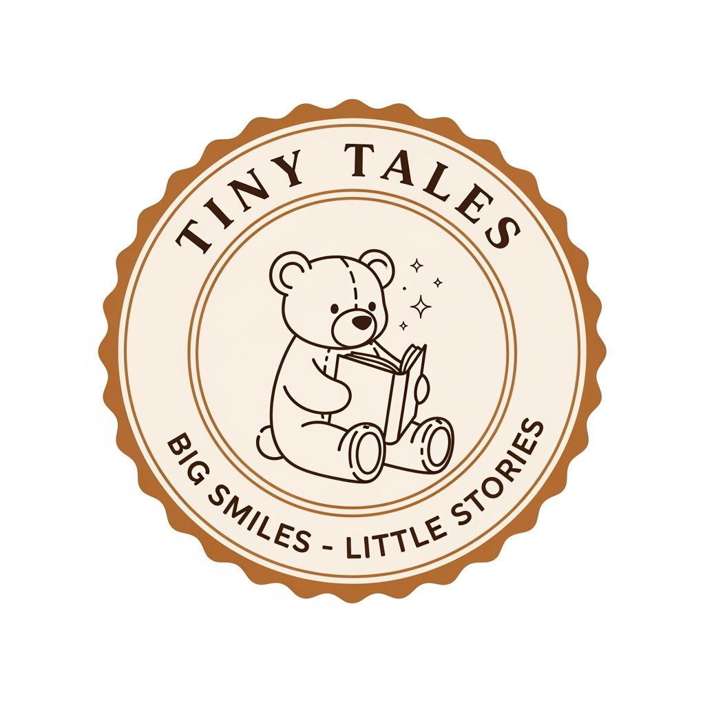 AI Design for Create a premium minimalist logo for a children's storytelling brand named "Tiny Tales". Design a circular badge logo with a soft beige and brown color palette. In the center, place a cute line-art teddy bear reading an open book, with tiny sparkling stars beside the bear. Add the text "TINY TALES" in elegant uppercase curved lettering at the top of the circle and the slogan "BIG SMILES · LITTLE STORIES" curved at the bottom. Surround the circle with a scalloped badge border in warm caramel brown. Use clean vector lines, minimalist illustration style, professional children's brand identity, cozy storybook aesthetic, high resolution, transparent background, suitable for YouTube, Instagram, and merchandise.