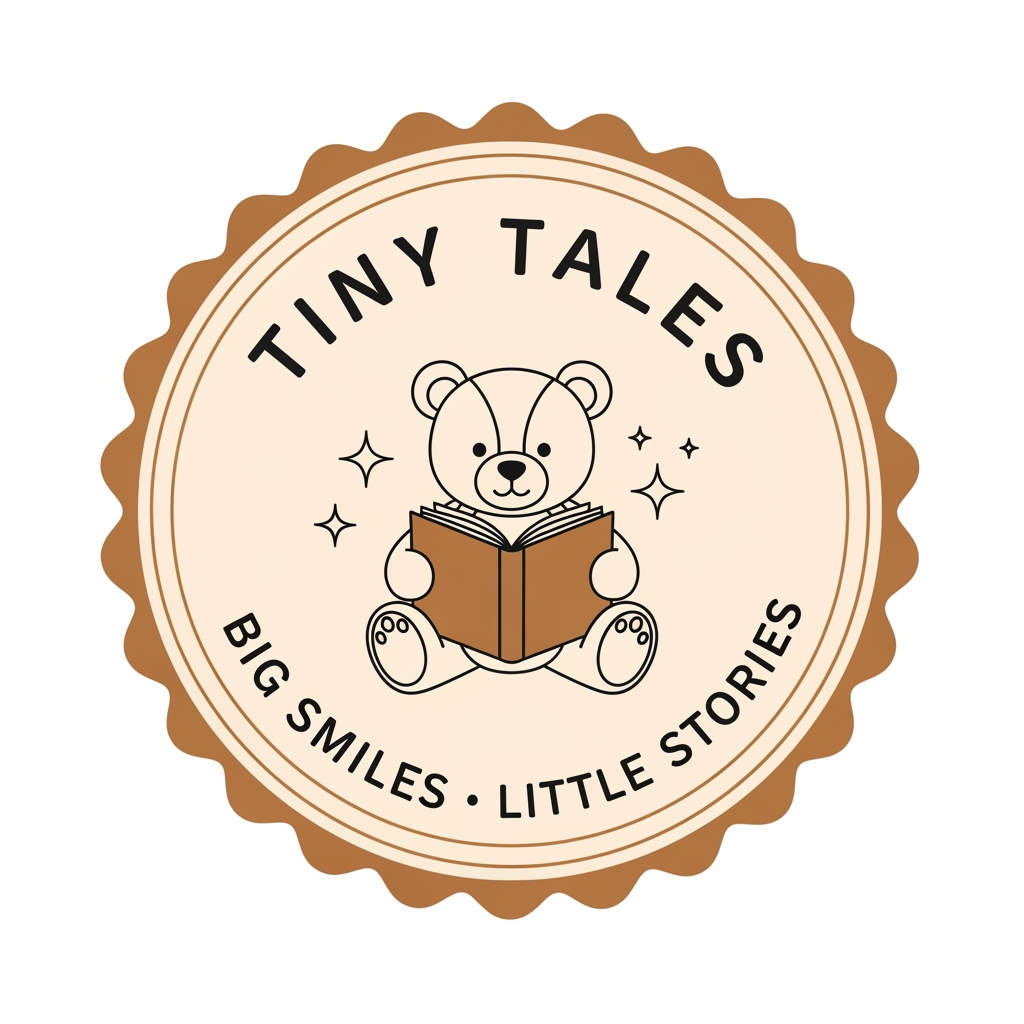 AI Design for Create a premium minimalist logo for a children's storytelling brand named "Tiny Tales". Design a circular badge logo with a soft beige and brown color palette. In the center, place a cute line-art teddy bear reading an open book, with tiny sparkling stars beside the bear. Add the text "TINY TALES" in elegant uppercase curved lettering at the top of the circle and the slogan "BIG SMILES · LITTLE STORIES" curved at the bottom. Surround the circle with a scalloped badge border in warm caramel brown. Use clean vector lines, minimalist illustration style, professional children's brand identity, cozy storybook aesthetic, high resolution, transparent background, suitable for YouTube, Instagram, and merchandise.