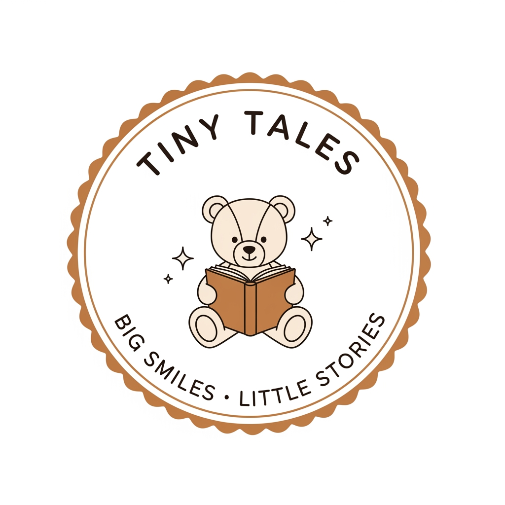 AI Design for Create a premium minimalist logo for a children's storytelling brand named "Tiny Tales". Design a circular badge logo with a soft beige and brown color palette. In the center, place a cute line-art teddy bear reading an open book, with tiny sparkling stars beside the bear. Add the text "TINY TALES" in elegant uppercase curved lettering at the top of the circle and the slogan "BIG SMILES · LITTLE STORIES" curved at the bottom. Surround the circle with a scalloped badge border in warm caramel brown. Use clean vector lines, minimalist illustration style, professional children's brand identity, cozy storybook aesthetic, high resolution, transparent background, suitable for YouTube, Instagram, and merchandise.