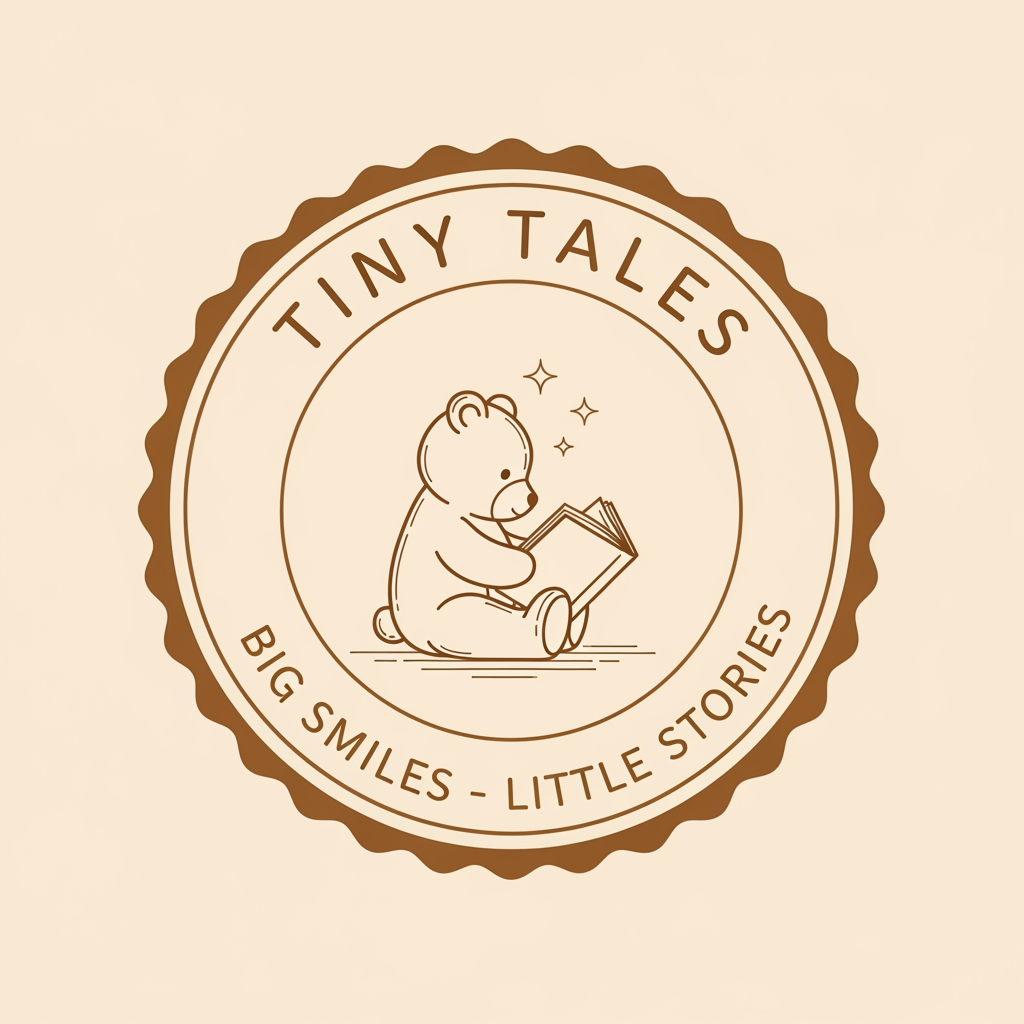 AI Design for Create a premium minimalist logo for a children's storytelling brand named "Tiny Tales". Design a circular badge logo with a soft beige and brown color palette. In the center, place a cute line-art teddy bear reading an open book, with tiny sparkling stars beside the bear. Add the text "TINY TALES" in elegant uppercase curved lettering at the top of the circle and the slogan "BIG SMILES · LITTLE STORIES" curved at the bottom. Surround the circle with a scalloped badge border in warm caramel brown. Use clean vector lines, minimalist illustration style, professional children's brand identity, cozy storybook aesthetic, high resolution, transparent background, suitable for YouTube, Instagram, and merchandise.