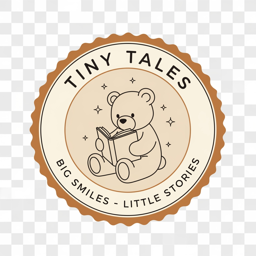 AI Design for Create a premium minimalist logo for a children's storytelling brand named "Tiny Tales". Design a circular badge logo with a soft beige and brown color palette. In the center, place a cute line-art teddy bear reading an open book, with tiny sparkling stars beside the bear. Add the text "TINY TALES" in elegant uppercase curved lettering at the top of the circle and the slogan "BIG SMILES · LITTLE STORIES" curved at the bottom. Surround the circle with a scalloped badge border in warm caramel brown. Use clean vector lines, minimalist illustration style, professional children's brand identity, cozy storybook aesthetic, high resolution, transparent background, suitable for YouTube, Instagram, and merchandise.