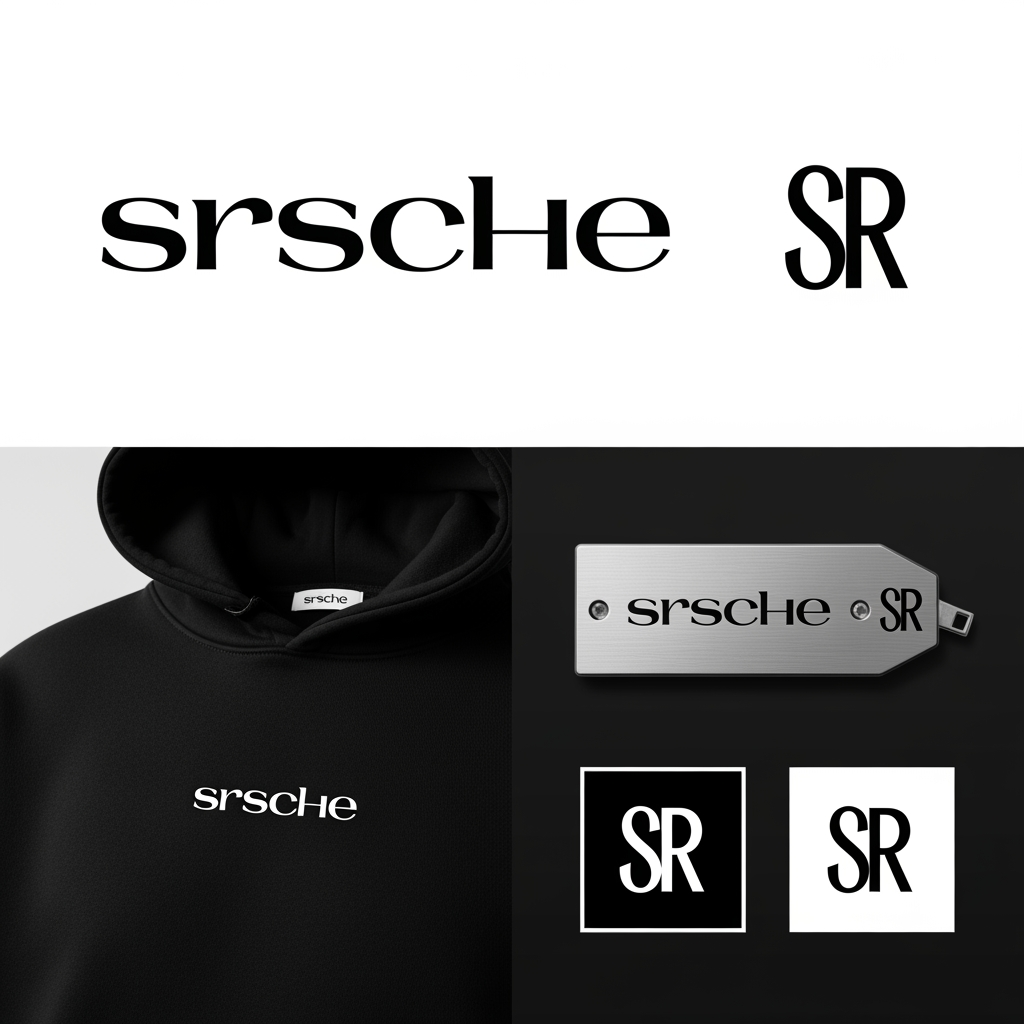 AI Design for Design a premium luxury fashion brand logo for "srsche" (lowercase). The name is inspired by the Gujarati phrase "Saras Che" meaning "It's good", but the logo should feel like an international luxury house such as Porsche, Loewe, Saint Laurent, or Represent.

Style:
- Minimal, timeless, and sophisticated
- Monochrome (black on white and white on black versions)
- Custom typography, elegant letter spacing
- Strong emphasis on the "srsche" wordmark
- Blend modern luxury with subtle European fashion aesthetics
- Clean, high-end, and instantly recognizable
- No obvious Indian motifs or traditional elements

Create:
1. Primary wordmark logo
2. Icon/monogram using "S" or intertwined "SR"
3. Embossed version for hoodies and T-shirts
4. Metal plaque version for tags and zippers
5. Minimal favicon and social media icon

Typography inspiration:
Porsche, Saint Laurent, COS, Represent, Axel Arigato, Fear of God, Loewe

Visual characteristics:
- Wide tracking and balanced kerning
- Sharp yet refined letterforms
- Slightly futuristic with timeless luxury appeal
- Editorial fashion campaign aesthetic
- Suitable for oversized streetwear and premium essentials

Background:
Pure white, matte black, brushed silver, and embossed leather textures.

Avoid:
Gradients, flashy effects, mascots, cartoon elements, and overly complex designs.