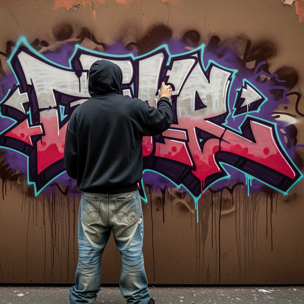 AI Design for creame una persona vestida overzide con vaqueros y sudadera de espaladas dibujando un graffitie en una pared marron manchada pero sin mas graffities alrededor solo los que el esta dibujando poniendo  letras siguiendo el estilo graffiti y urbano que le da ese estilo