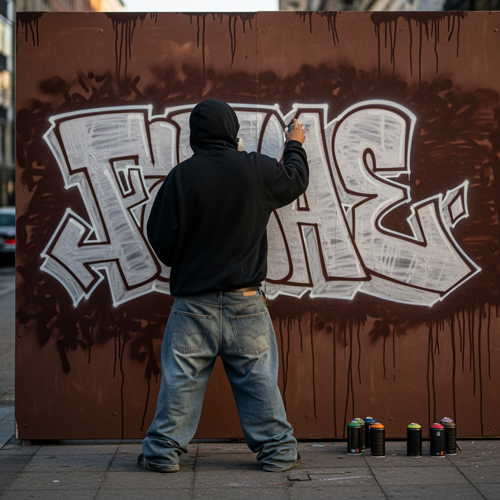 AI Design for creame una persona vestida overzide con vaqueros y sudadera de espaladas dibujando un graffitie en una pared marron manchada pero sin mas graffities alrededor solo los que el esta dibujando poniendo  letras siguiendo el estilo graffiti y urbano que le da ese estilo