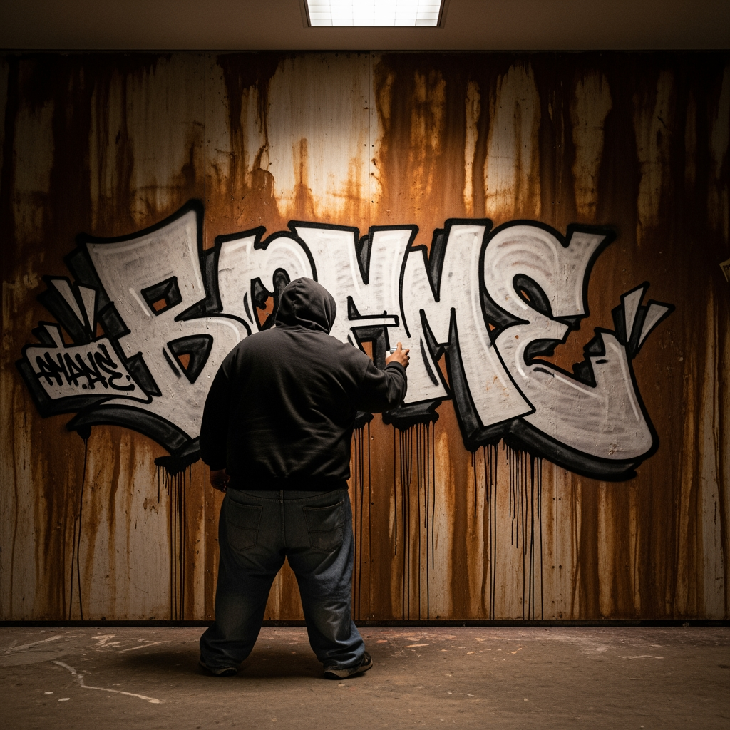 AI Design for creame una persona vestida overzide con vaqueros y sudadera de espaladas dibujando un graffitie en una pared marron manchada pero sin mas graffities alrededor solo los que el esta dibujando poniendo  letras siguiendo el estilo graffiti y urbano que le da ese estilo