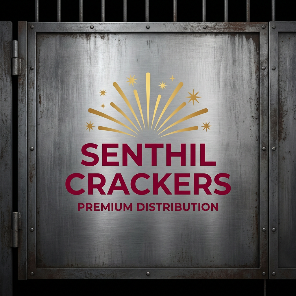 AI Design for A professional, minimalist logo design for 'Senthil Crackers' featuring a stylized, abstract spark or firework motif integrated with elegant typography. The design uses a bold, high-contrast color palette of deep crimson and gold, crafted for high visibility and sharp detail when applied to an industrial metal gate. The aesthetic is modern, clean, and authoritative, suitable for a premium fireworks distribution brand.