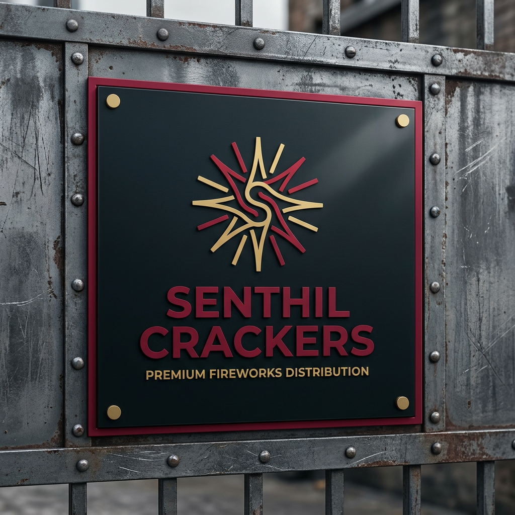 AI Design for A professional, minimalist logo design for 'Senthil Crackers' featuring a stylized, abstract spark or firework motif integrated with elegant typography. The design uses a bold, high-contrast color palette of deep crimson and gold, crafted for high visibility and sharp detail when applied to an industrial metal gate. The aesthetic is modern, clean, and authoritative, suitable for a premium fireworks distribution brand.