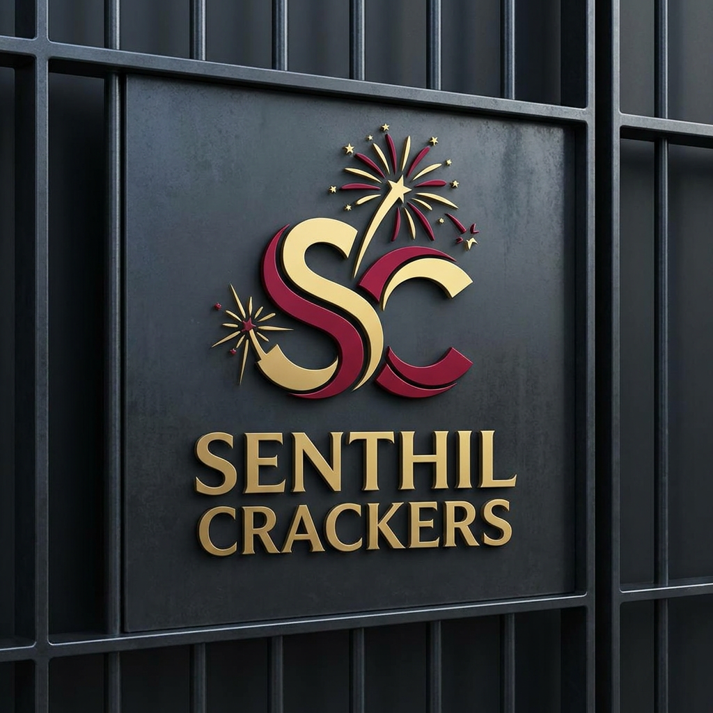AI Design for A professional, minimalist logo design for 'Senthil Crackers' featuring a stylized, abstract spark or firework motif integrated with elegant typography. The design uses a bold, high-contrast color palette of deep crimson and gold, crafted for high visibility and sharp detail when applied to an industrial metal gate. The aesthetic is modern, clean, and authoritative, suitable for a premium fireworks distribution brand.