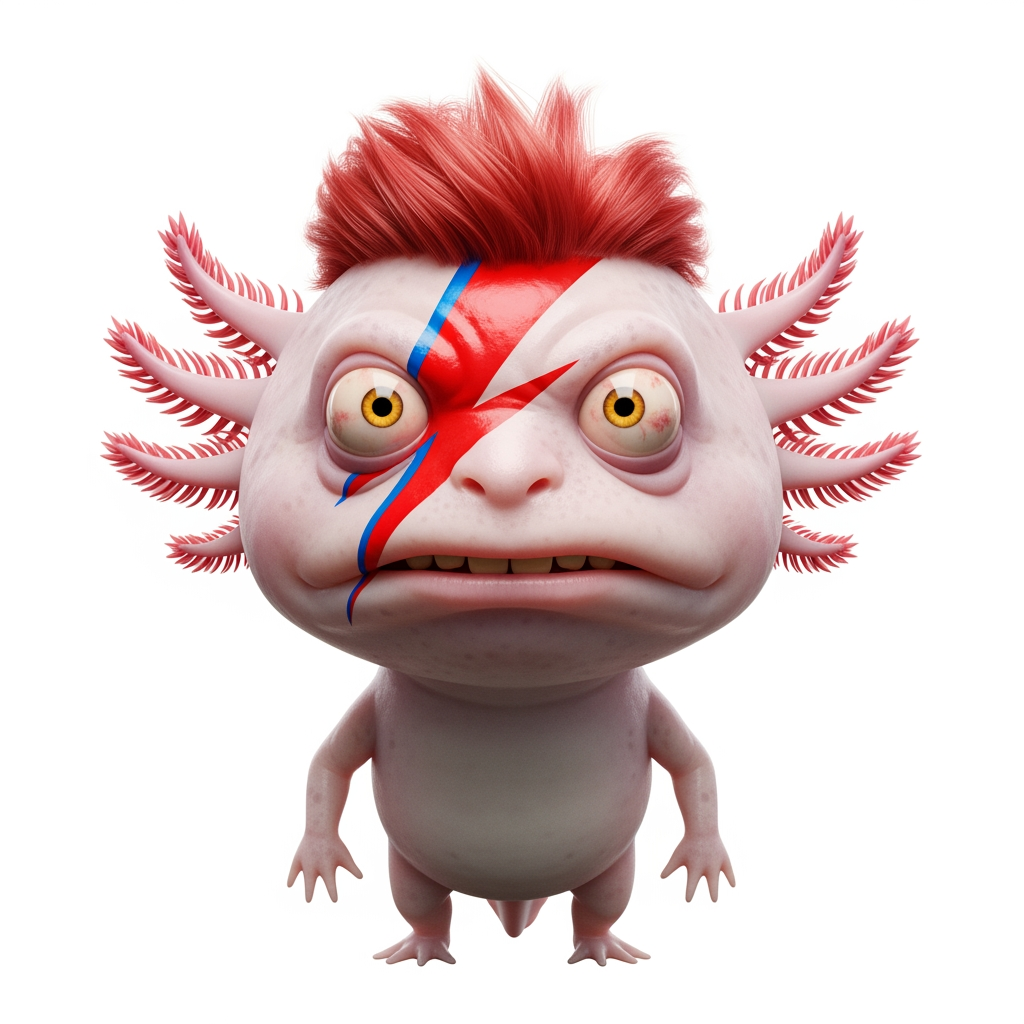 AI Design for Caricatura digital 3D un Ajolote albino caracterizado como David Bowie, en la foto de la portada del disco Aladdin Sane. Rasgos faciales altamente exagerados (ojos saltones, mandíbula caída). Renderizado estilo Pixar pero con proporciones grotescas. Fondo Blanco. Estilo humorístico y expresivo.