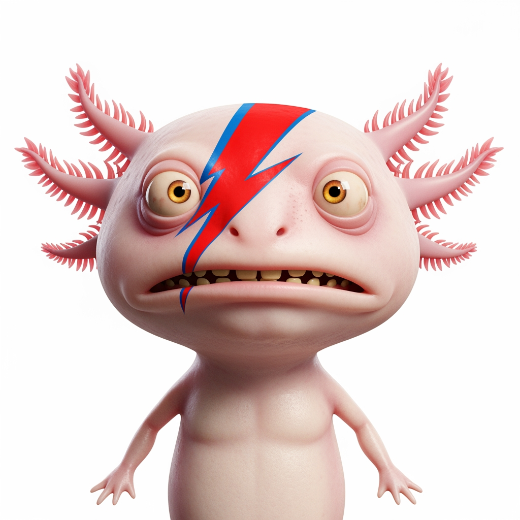 AI Design for Caricatura digital 3D un Ajolote albino caracterizado como David Bowie, en la foto de la portada del disco Aladdin Sane. Rasgos faciales altamente exagerados (ojos saltones, mandíbula caída). Renderizado estilo Pixar pero con proporciones grotescas. Fondo Blanco. Estilo humorístico y expresivo.