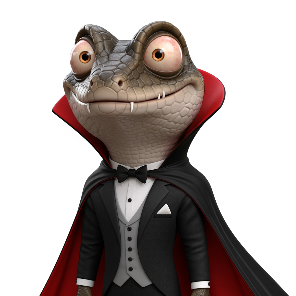 AI Design for Caricatura digital 3D un Tribolonotus Gracilis caracterizado como el Conde Drácula (Esmoquin negro (pañuelo blanco en el bolsillo), chaleco gris y camisa blanca, capa de cuello elevado con interior roja). Rasgos faciales altamente exagerados (ojos saltones, mandíbula caída). Renderizado estilo Pixar pero con proporciones grotescas. Fondo Blanco. Estilo humorístico y expresivo.