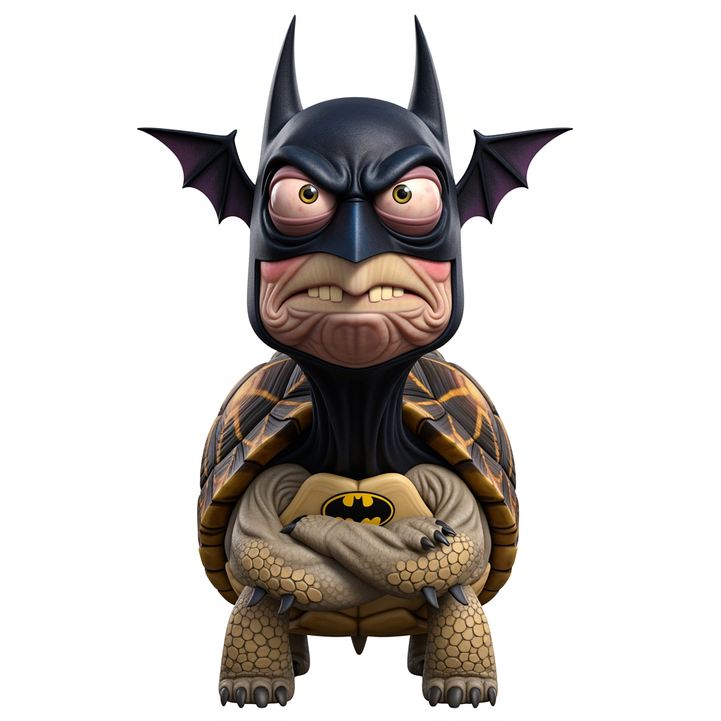 AI Design for Caricatura digital 3D una Geochelone elegans caracterizado como Batman. Rasgos faciales altamente exagerados (ojos saltones, mandíbula caída). Renderizado estilo Pixar pero con proporciones grotescas. Fondo Blanco. Estilo humorístico y expresivo.
