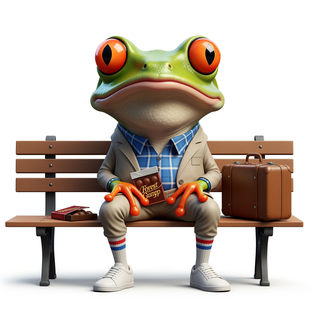 AI Design for Caricatura digital 3D una agalychnis callidryas caracterizada como Forrest Gump (Traje beige, camisa de cuadros blanca y azul, zapatillas deportivas blancas, calcetines blancos con una franja horizontal roja y otra azul) sentado en el banco que aparece en la película, con una caja de bombones en su regazo y la maleta junto a él. Rasgos faciales altamente exagerados (ojos saltones, mandíbula caída). Renderizado estilo Pixar pero con proporciones grotescas. Fondo Blanco. Estilo humorístico y expresivo.