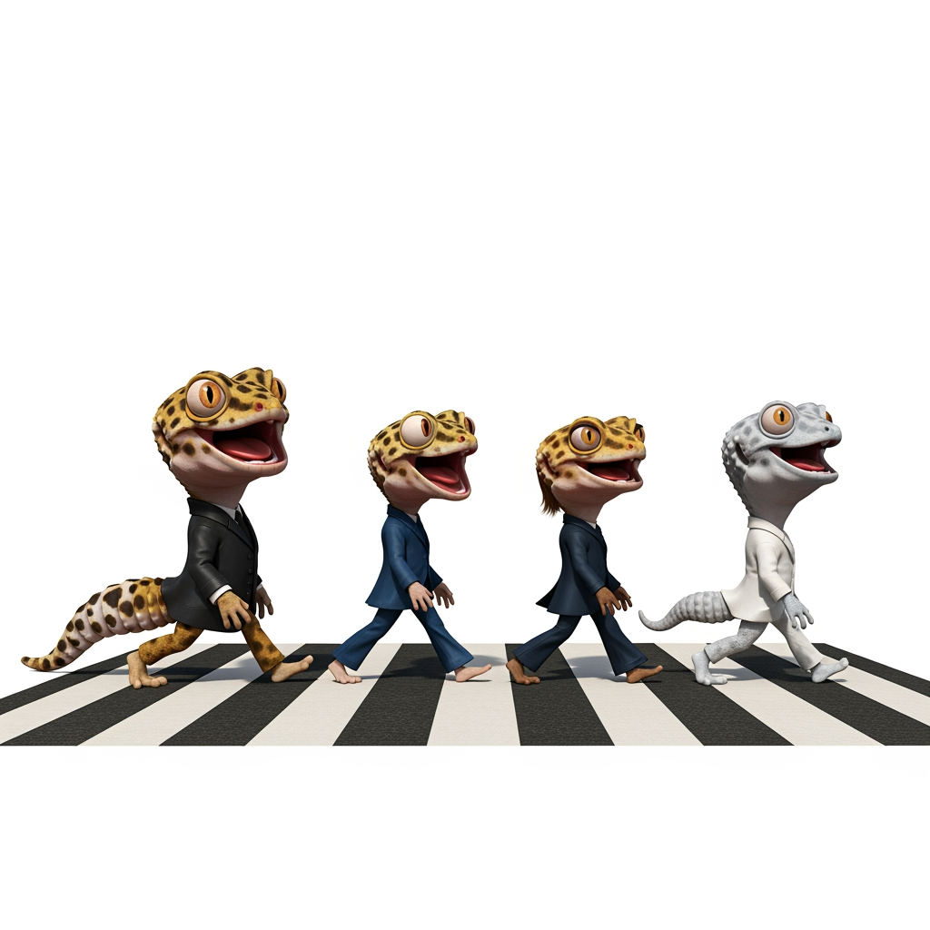 AI Design for Caricatura digital 3D cuatro Eublepharis macularius caracterizados como The Beatles cruzando el paso de cebra.  Rasgos faciales altamente exagerados (ojos saltones, mandíbula caída). Renderizado estilo Pixar pero con proporciones grotescas. Fondo Blanco. Estilo humorístico y expresivo.