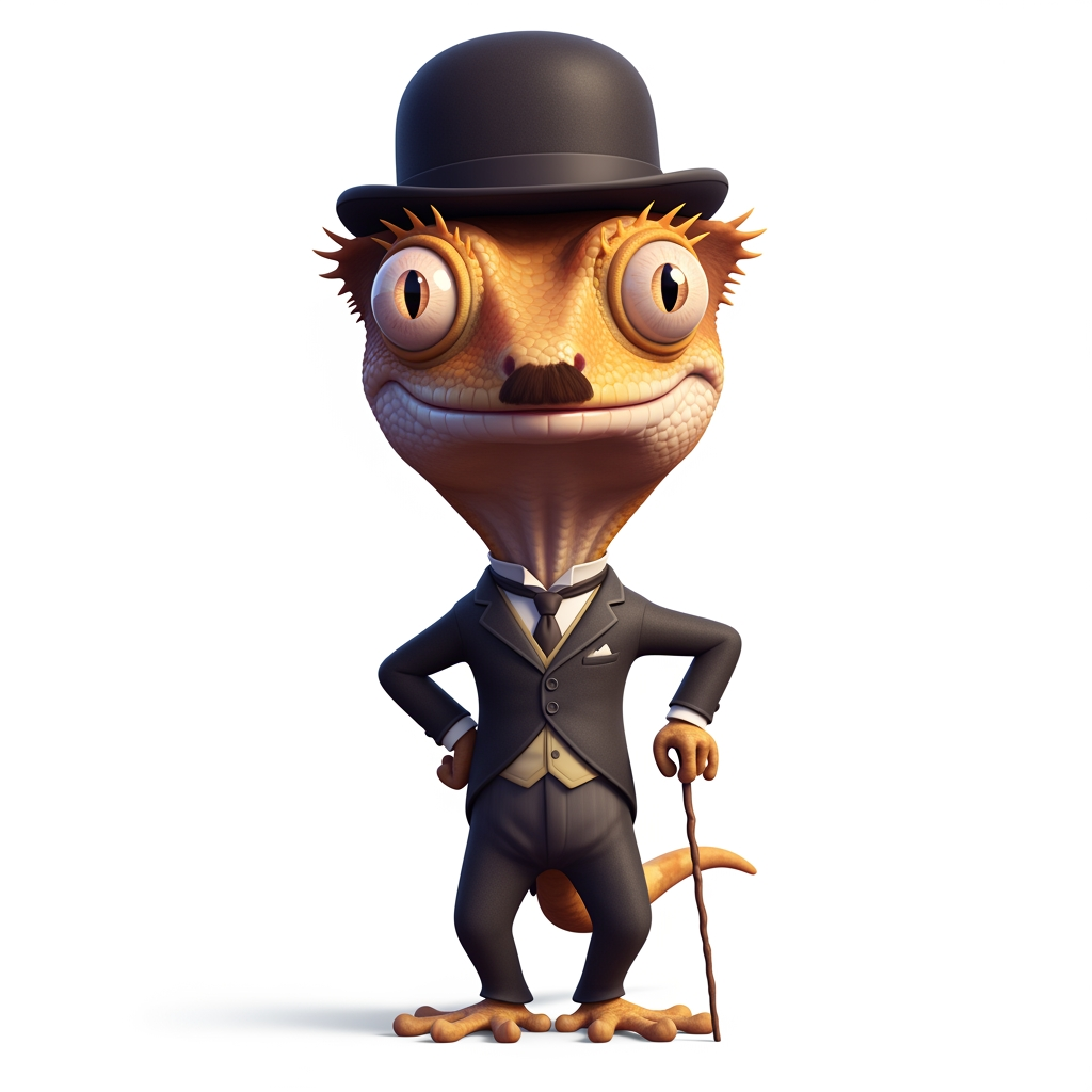 AI Design for Caricatura digital 3D un rhacodactylus ciliatus caracterizada como Charles Chaplin (con bastón, bombín y un traje) con su característico bigote y en una de sus más famosas posturas. Rasgos faciales altamente exagerados (ojos saltones, mandíbula caída). Renderizado estilo Pixar pero con proporciones grotescas. Fondo Blanco. Estilo humorístico y expresivo.
