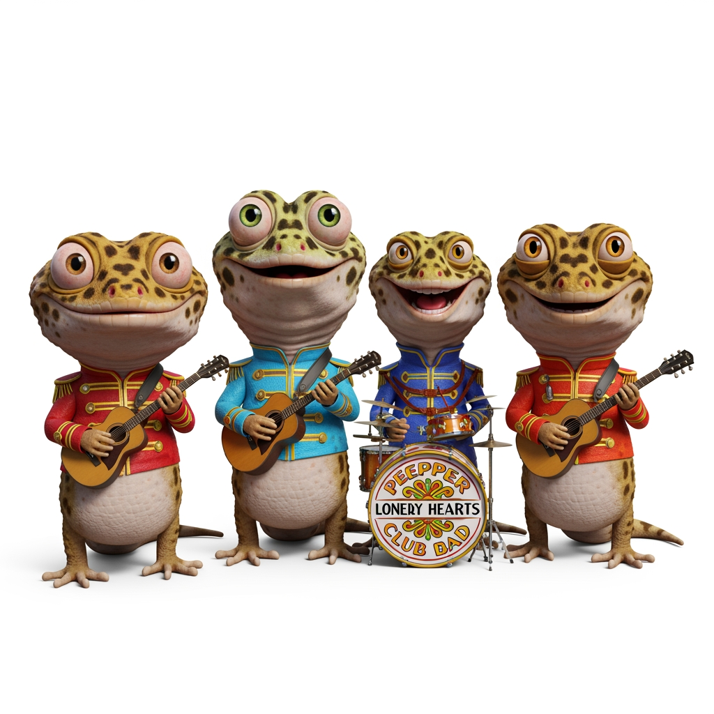 AI Design for Caricatura digital 3D cuatro Eublepharis macularius caracterizados como The Beatles con sus trajes de Sgt. Pepper's.  Rasgos faciales altamente exagerados (ojos saltones, mandíbula caída). Renderizado estilo Pixar pero con proporciones grotescas. Fondo Blanco. Estilo humorístico y expresivo.