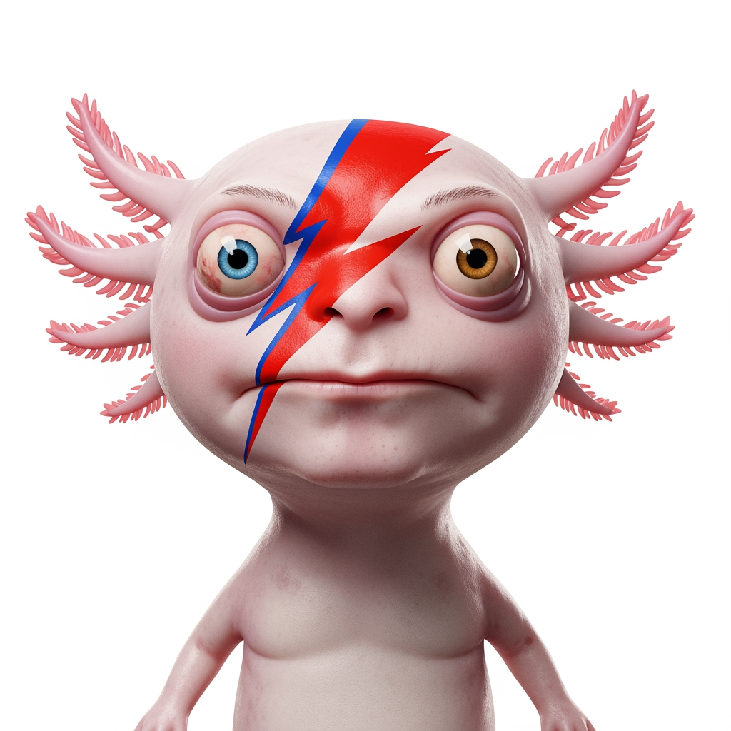 AI Design for Caricatura digital 3D un Ajolote albino caracterizado como David Bowie, en la foto de la portada del disco Aladdin Sane. Debe tener un ojo de cada color. Rasgos faciales altamente exagerados (ojos saltones, mandíbula caída). Renderizado estilo Pixar pero con proporciones grotescas. Fondo Blanco. Estilo humorístico y expresivo.
