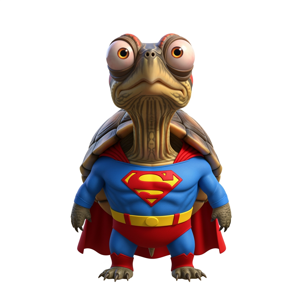 AI Design for Caricatura digital 3D una Trachemys scripta elegans caracterizado como Superman. Rasgos faciales altamente exagerados (ojos saltones, mandíbula caída). Renderizado estilo Pixar pero con proporciones grotescas. Fondo Blanco. Estilo humorístico y expresivo.