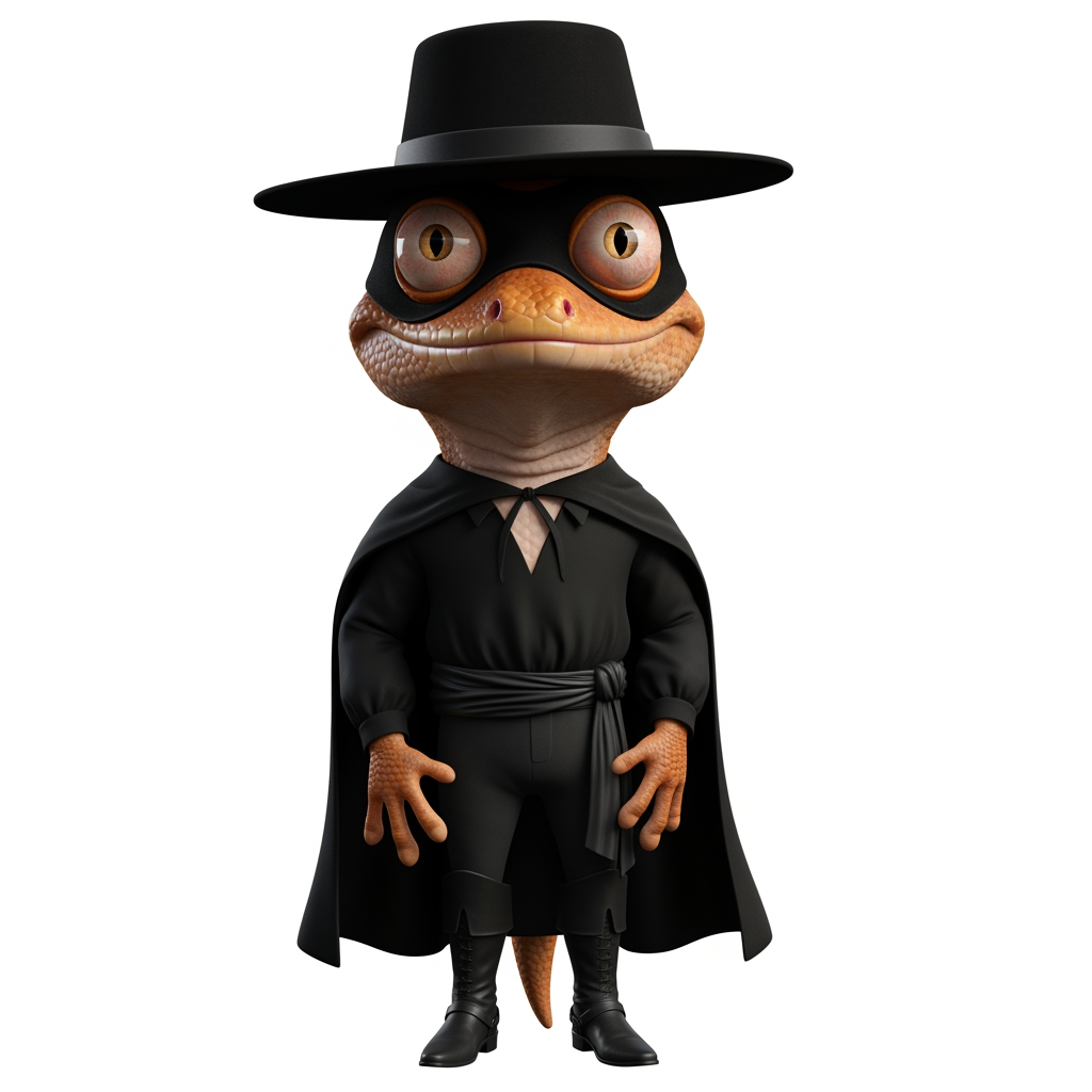 AI Design for Caricatura digital 3D un Phelsuma madagascariensis grandis caracterizado como Diego de la Vega, el Zorro (Sombrero: Un sombrero cordobés o de ala ancha, rígido y de copa plana, completamente negro.Máscara: Un antifaz negro que cubre solo el área alrededor de los ojos, diseñado para ocultar su identidad secreta.Capa: Una capa larga y fluida también de color negro, que utiliza para cubrirse, camuflarse en las sombras o realizar movimientos elegantes y de distracción.Traje: Viste una camisa holgada, pantalones oscuros y una faja en la cintura, todo en tonalidades negras o muy oscuras.Botas: Botas altas de montar en color negro, elaboradas en cuero resistente.). Rasgos faciales altamente exagerados (ojos saltones, mandíbula caída). Renderizado estilo Pixar pero con proporciones grotescas. Fondo Blanco. Estilo humorístico y expresivo.