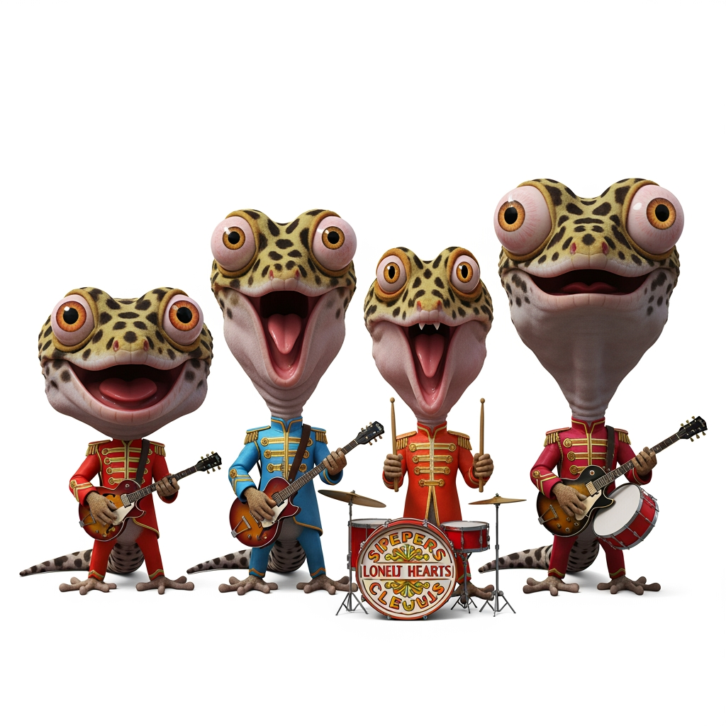 AI Design for Caricatura digital 3D cuatro Eublepharis macularius caracterizados como The Beatles con sus trajes de Sgt. Pepper's.  Rasgos faciales altamente exagerados (ojos saltones, mandíbula caída). Renderizado estilo Pixar pero con proporciones grotescas. Fondo Blanco. Estilo humorístico y expresivo.