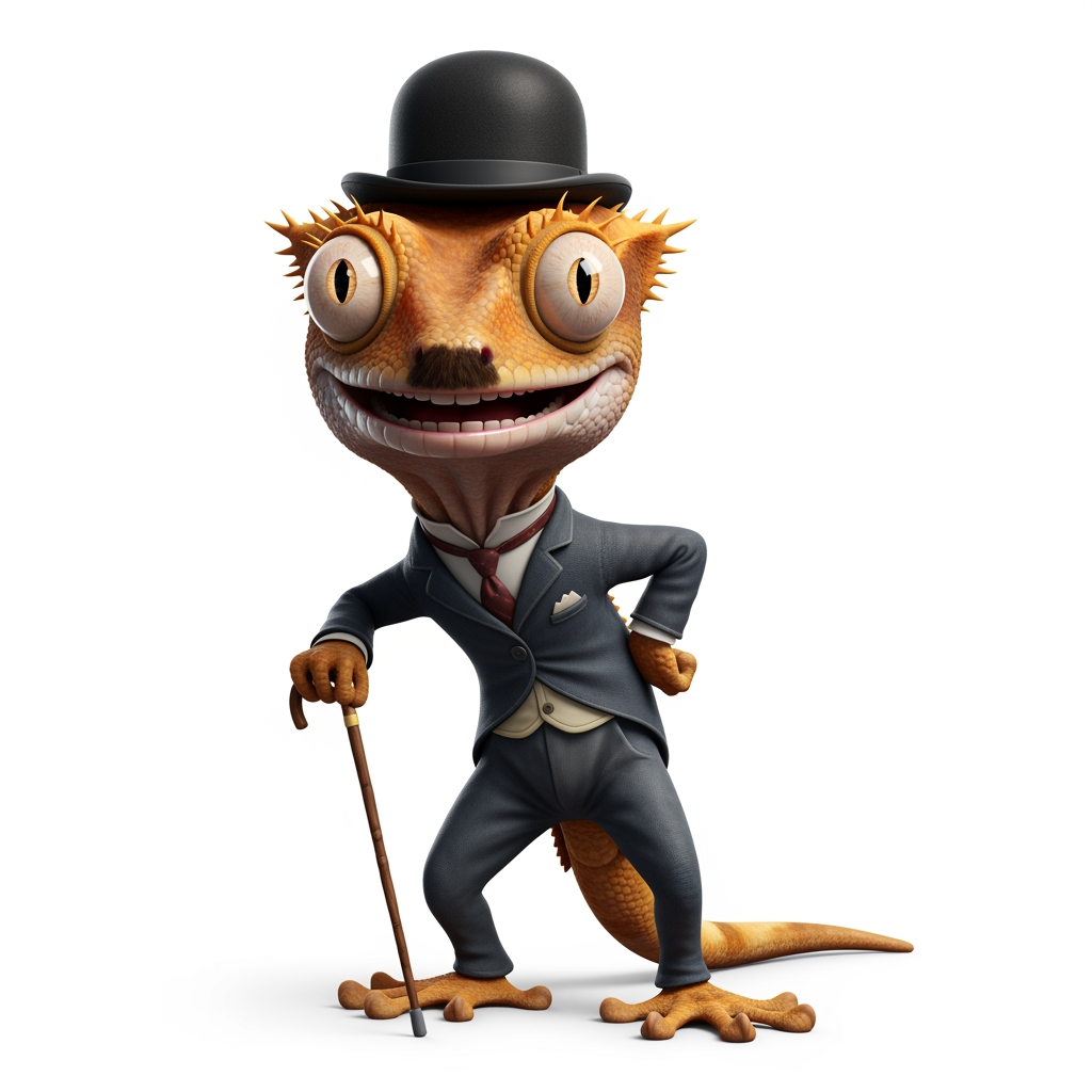 AI Design for Caricatura digital 3D un rhacodactylus ciliatus caracterizada como Charles Chaplin (con bastón, bombín y un traje) con su característico bigote y en una de sus más famosas posturas. Rasgos faciales altamente exagerados (ojos saltones, mandíbula caída). Renderizado estilo Pixar pero con proporciones grotescas. Fondo Blanco. Estilo humorístico y expresivo.