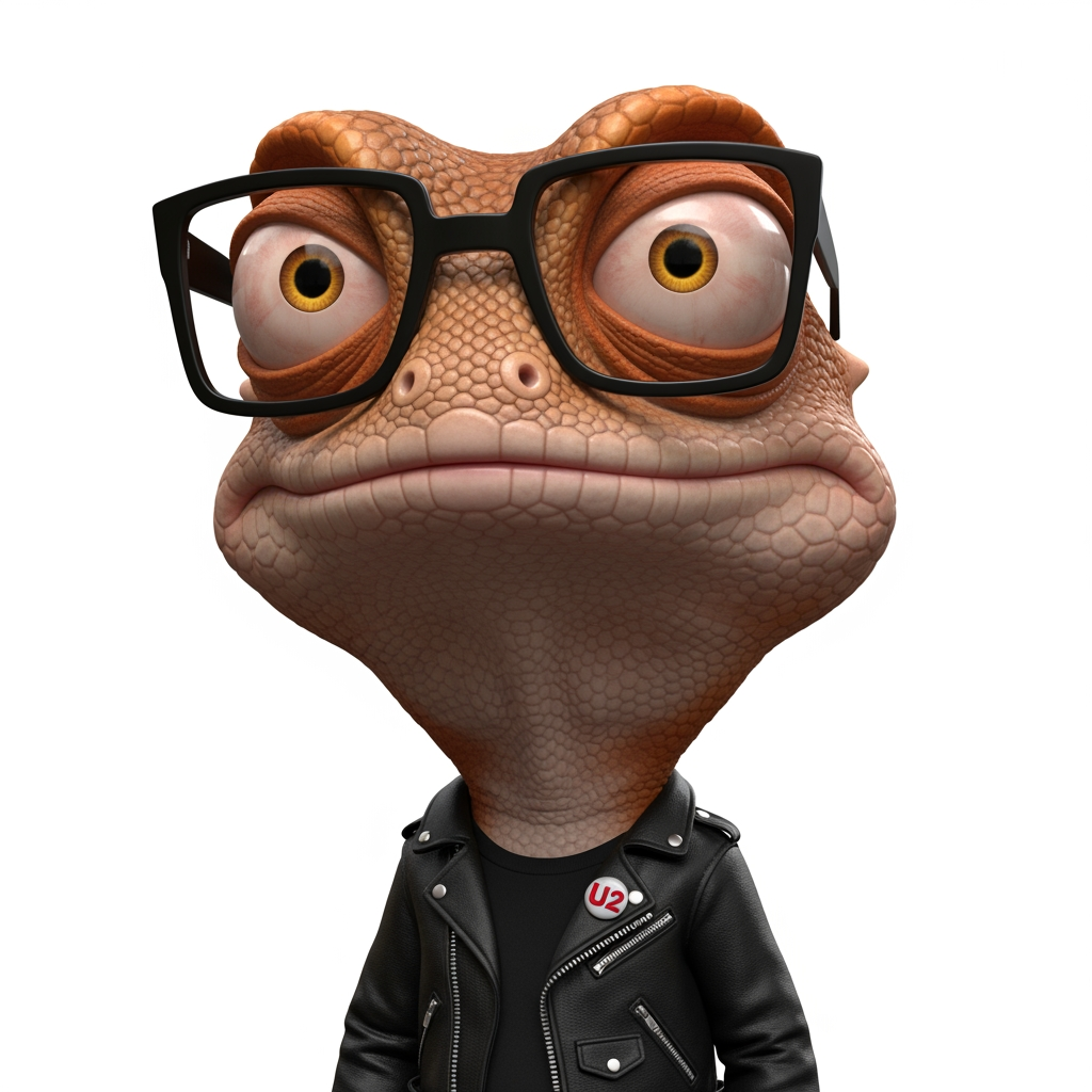 AI Design for Caricatura digital 3D un Crotaphytus collaris caracterizado como Bono de U2 .  Rasgos faciales altamente exagerados (ojos saltones, mandíbula caída). Renderizado estilo Pixar pero con proporciones grotescas. Fondo Blanco. Estilo humorístico y expresivo.