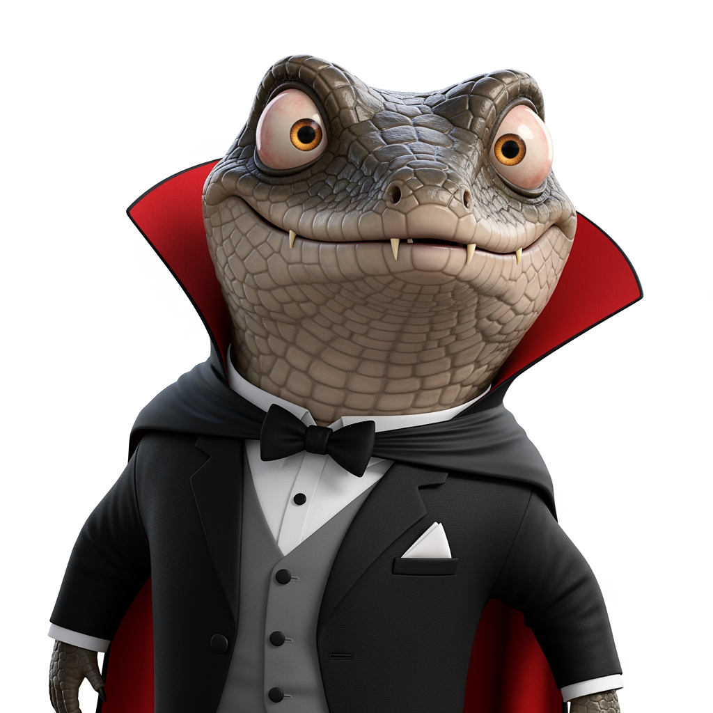 AI Design for Caricatura digital 3D un Tribolonotus Gracilis caracterizado como el Conde Drácula (Esmoquin negro (pañuelo blanco en el bolsillo), chaleco gris y camisa blanca, capa de cuello elevado con interior roja). Rasgos faciales altamente exagerados (ojos saltones, mandíbula caída). Renderizado estilo Pixar pero con proporciones grotescas. Fondo Blanco. Estilo humorístico y expresivo.