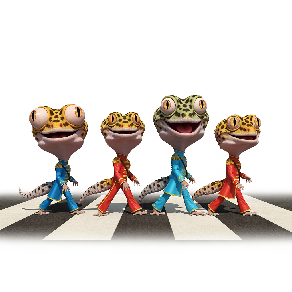 AI Design for Caricatura digital 3D cuatro Eublepharis macularius caracterizados como The Beatles cruzando el paso de cebra.  Rasgos faciales altamente exagerados (ojos saltones, mandíbula caída). Renderizado estilo Pixar pero con proporciones grotescas. Fondo Blanco. Estilo humorístico y expresivo.