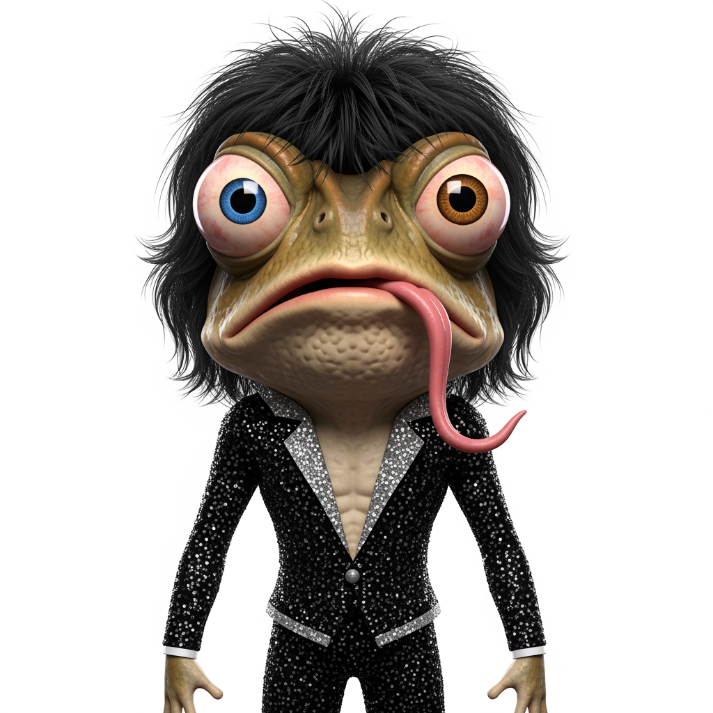 AI Design for Caricatura digital 3D un Rhinella marina caracterizado como Mick Jagger. Debe tener un ojo de cada color. Rasgos faciales altamente exagerados (ojos saltones, mandíbula caída). Renderizado estilo Pixar pero con proporciones grotescas. Fondo Blanco. Estilo humorístico y expresivo.