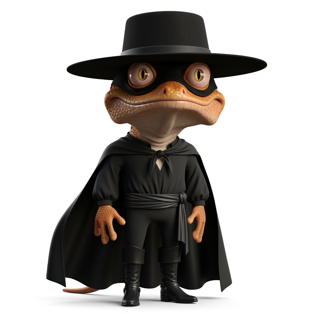 AI Design for Caricatura digital 3D un Phelsuma madagascariensis grandis caracterizado como Diego de la Vega, el Zorro (Sombrero: Un sombrero cordobés o de ala ancha, rígido y de copa plana, completamente negro.Máscara: Un antifaz negro que cubre solo el área alrededor de los ojos, diseñado para ocultar su identidad secreta.Capa: Una capa larga y fluida también de color negro, que utiliza para cubrirse, camuflarse en las sombras o realizar movimientos elegantes y de distracción.Traje: Viste una camisa holgada, pantalones oscuros y una faja en la cintura, todo en tonalidades negras o muy oscuras.Botas: Botas altas de montar en color negro, elaboradas en cuero resistente.). Rasgos faciales altamente exagerados (ojos saltones, mandíbula caída). Renderizado estilo Pixar pero con proporciones grotescas. Fondo Blanco. Estilo humorístico y expresivo.