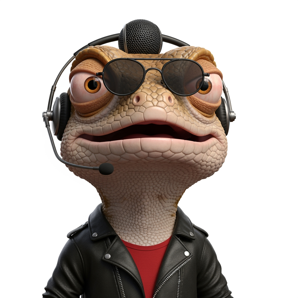 AI Design for Caricatura digital 3D un Crotaphytus collaris caracterizado como Bono de U2 .  Rasgos faciales altamente exagerados (ojos saltones, mandíbula caída). Renderizado estilo Pixar pero con proporciones grotescas. Fondo Blanco. Estilo humorístico y expresivo.