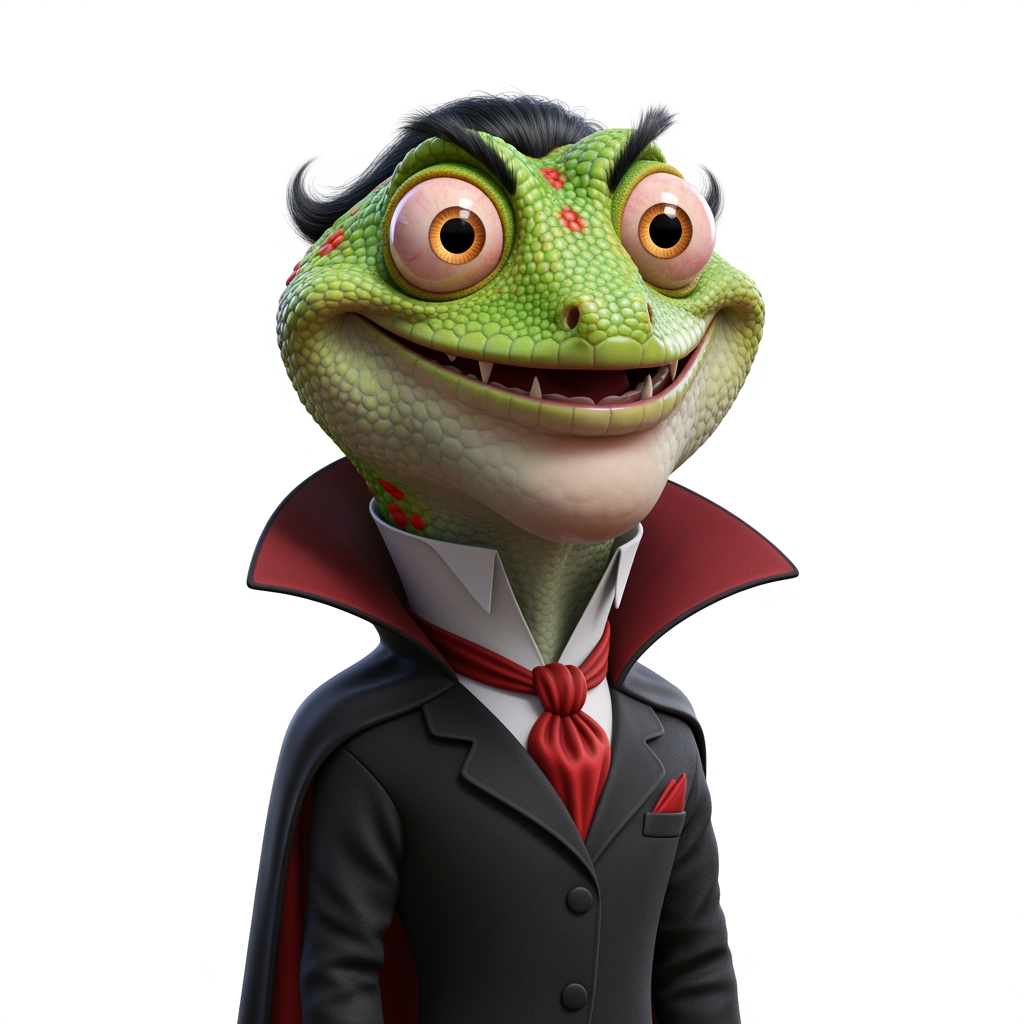 AI Design for Caricatura digital 3D un Phelsuma madagascariensis grandis caracterizado como Diego de la Vega, el Zorro (Sombrero: Un sombrero cordobés o de ala ancha, rígido y de copa plana, completamente negro.Máscara: Un antifaz negro que cubre solo el área alrededor de los ojos, diseñado para ocultar su identidad secreta.Capa: Una capa larga y fluida también de color negro, que utiliza para cubrirse, camuflarse en las sombras o realizar movimientos elegantes y de distracción.Traje: Viste una camisa holgada, pantalones oscuros y una faja en la cintura, todo en tonalidades negras o muy oscuras.Botas: Botas altas de montar en color negro, elaboradas en cuero resistente.). Rasgos faciales altamente exagerados (ojos saltones, mandíbula caída). Renderizado estilo Pixar pero con proporciones grotescas. Fondo Blanco. Estilo humorístico y expresivo.
 el Conde Drácula