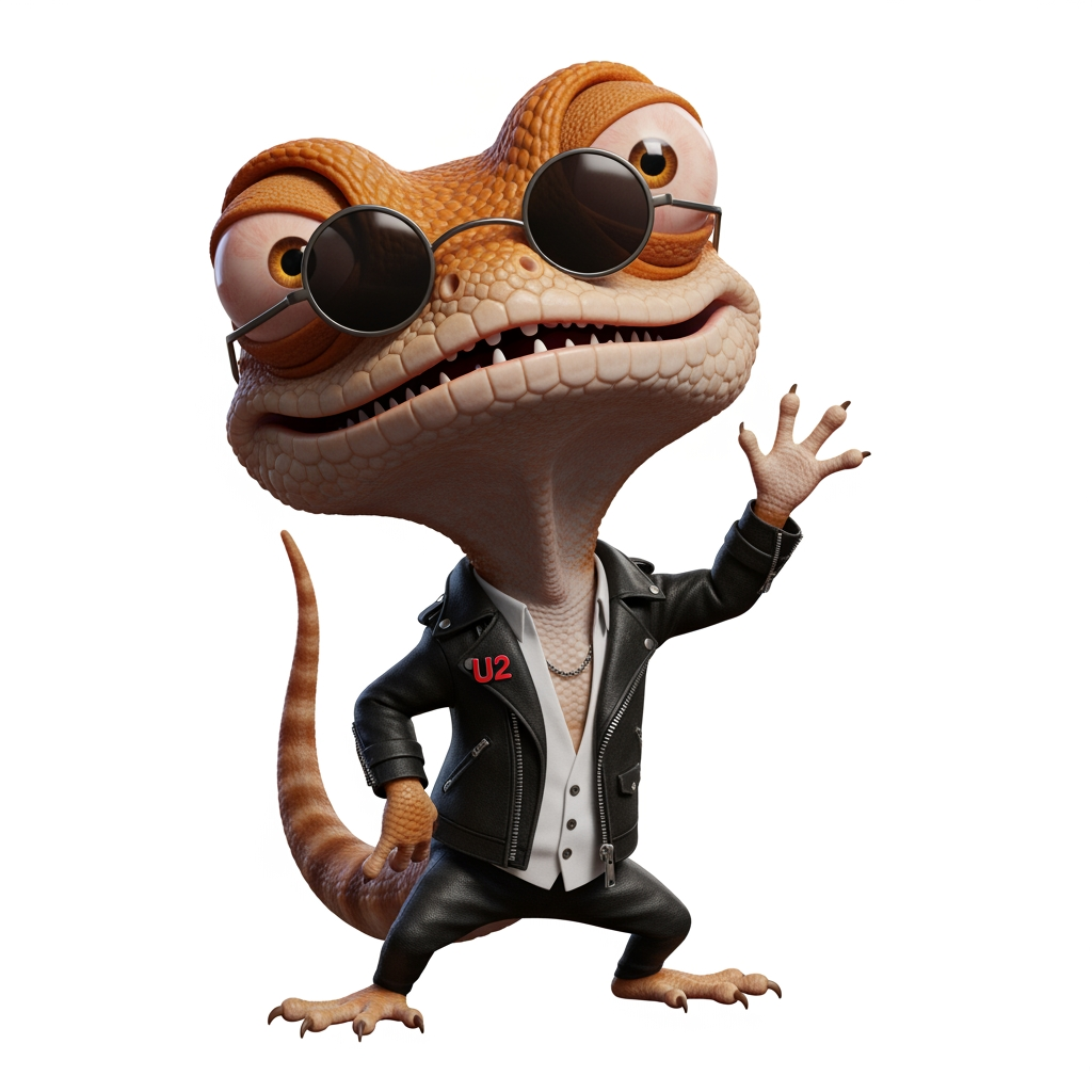 AI Design for Caricatura digital 3D un Crotaphytus collaris caracterizado como Bono de U2 .  Rasgos faciales altamente exagerados (ojos saltones, mandíbula caída). Renderizado estilo Pixar pero con proporciones grotescas. Fondo Blanco. Estilo humorístico y expresivo.