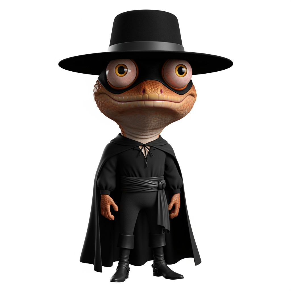 AI Design for Caricatura digital 3D un Phelsuma madagascariensis grandis caracterizado como Diego de la Vega, el Zorro (Sombrero: Un sombrero cordobés o de ala ancha, rígido y de copa plana, completamente negro.Máscara: Un antifaz negro que cubre solo el área alrededor de los ojos, diseñado para ocultar su identidad secreta.Capa: Una capa larga y fluida también de color negro, que utiliza para cubrirse, camuflarse en las sombras o realizar movimientos elegantes y de distracción.Traje: Viste una camisa holgada, pantalones oscuros y una faja en la cintura, todo en tonalidades negras o muy oscuras.Botas: Botas altas de montar en color negro, elaboradas en cuero resistente.). Rasgos faciales altamente exagerados (ojos saltones, mandíbula caída). Renderizado estilo Pixar pero con proporciones grotescas. Fondo Blanco. Estilo humorístico y expresivo.