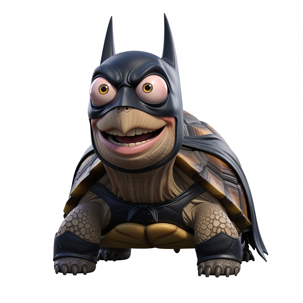 AI Design for Caricatura digital 3D una Geochelone elegans caracterizado como Batman. Rasgos faciales altamente exagerados (ojos saltones, mandíbula caída). Renderizado estilo Pixar pero con proporciones grotescas. Fondo Blanco. Estilo humorístico y expresivo.