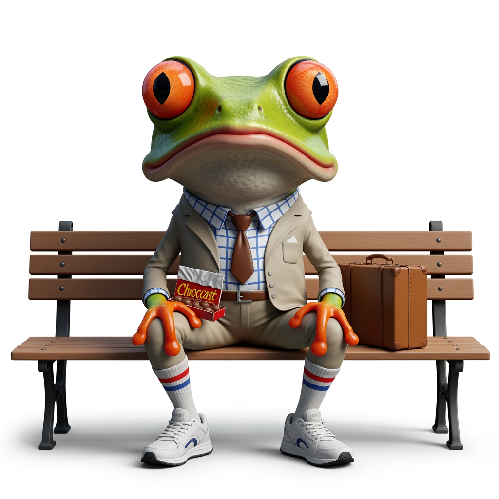 AI Design for Caricatura digital 3D una agalychnis callidryas caracterizada como Forrest Gump (Traje beige, camisa de cuadros blanca y azul, zapatillas deportivas blancas, calcetines blancos con una franja horizontal roja y otra azul) sentado en el banco que aparece en la película, con una caja de bombones en su regazo y la maleta junto a él. Rasgos faciales altamente exagerados (ojos saltones, mandíbula caída). Renderizado estilo Pixar pero con proporciones grotescas. Fondo Blanco. Estilo humorístico y expresivo.