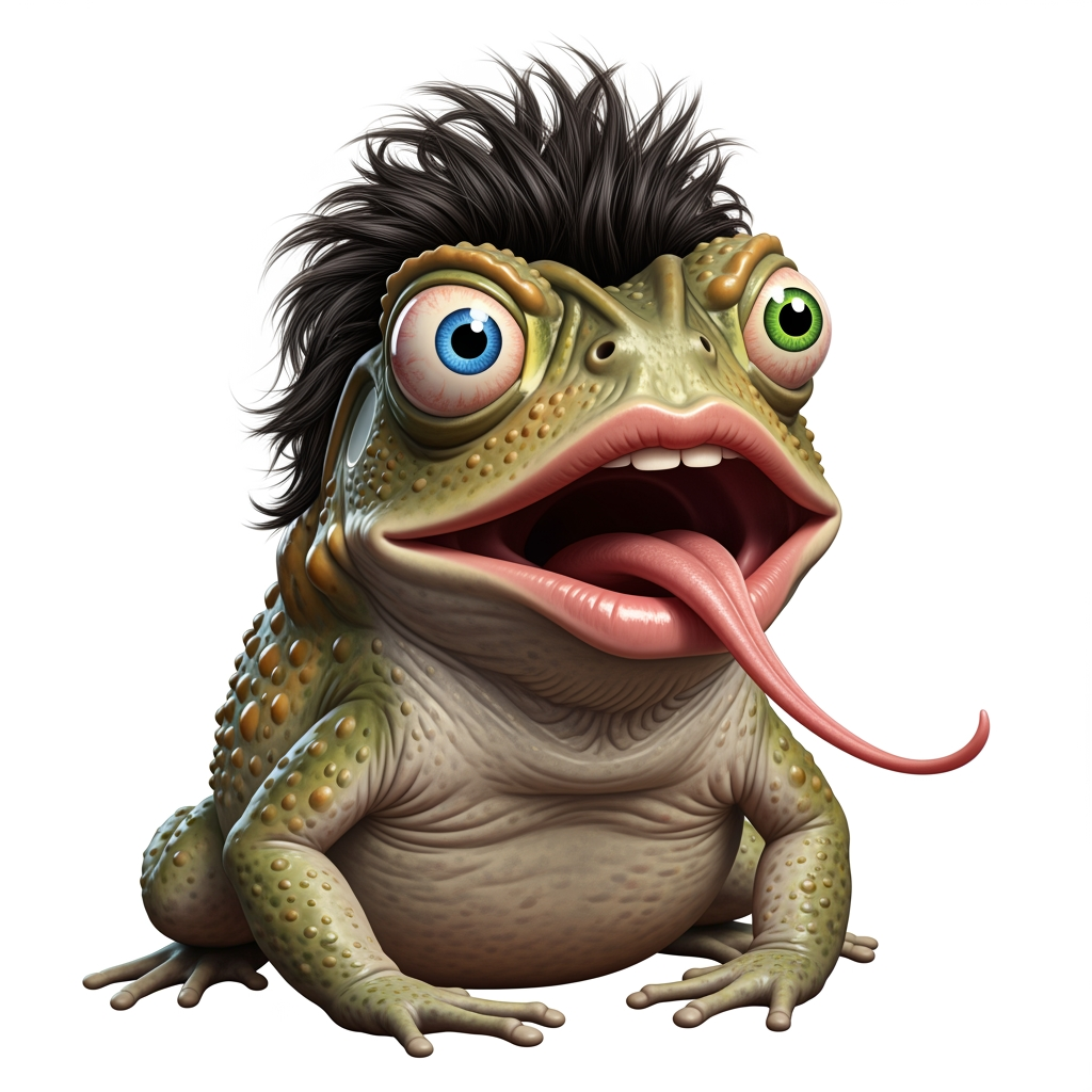 AI Design for Caricatura digital 3D un Rhinella marina caracterizado como Mick Jagger. Debe tener un ojo de cada color. Rasgos faciales altamente exagerados (ojos saltones, mandíbula caída). Renderizado estilo Pixar pero con proporciones grotescas. Fondo Blanco. Estilo humorístico y expresivo.