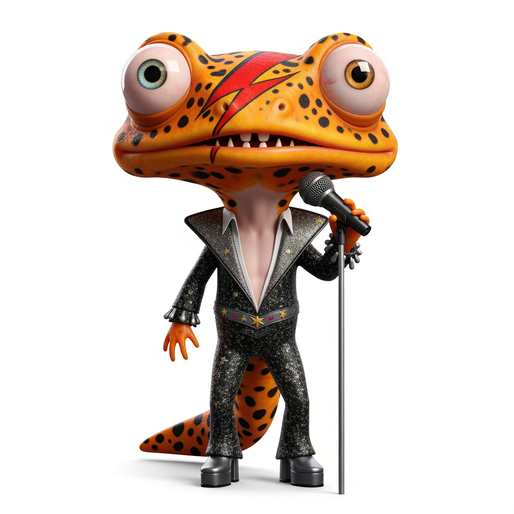 AI Design for Caricatura digital 3D un Cynops orientalis caracterizado como David bowie. Rasgos faciales altamente exagerados (ojos saltones, mandíbula caída). Renderizado estilo Pixar pero con proporciones grotescas. Fondo Blanco. Estilo humorístico y expresivo.