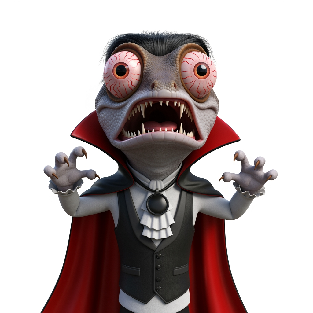 AI Design for Caricatura digital 3D un Phelsuma madagascariensis grandis caracterizado como Diego de la Vega, el Zorro (Sombrero: Un sombrero cordobés o de ala ancha, rígido y de copa plana, completamente negro.Máscara: Un antifaz negro que cubre solo el área alrededor de los ojos, diseñado para ocultar su identidad secreta.Capa: Una capa larga y fluida también de color negro, que utiliza para cubrirse, camuflarse en las sombras o realizar movimientos elegantes y de distracción.Traje: Viste una camisa holgada, pantalones oscuros y una faja en la cintura, todo en tonalidades negras o muy oscuras.Botas: Botas altas de montar en color negro, elaboradas en cuero resistente.). Rasgos faciales altamente exagerados (ojos saltones, mandíbula caída). Renderizado estilo Pixar pero con proporciones grotescas. Fondo Blanco. Estilo humorístico y expresivo.
 el Conde Drácula
