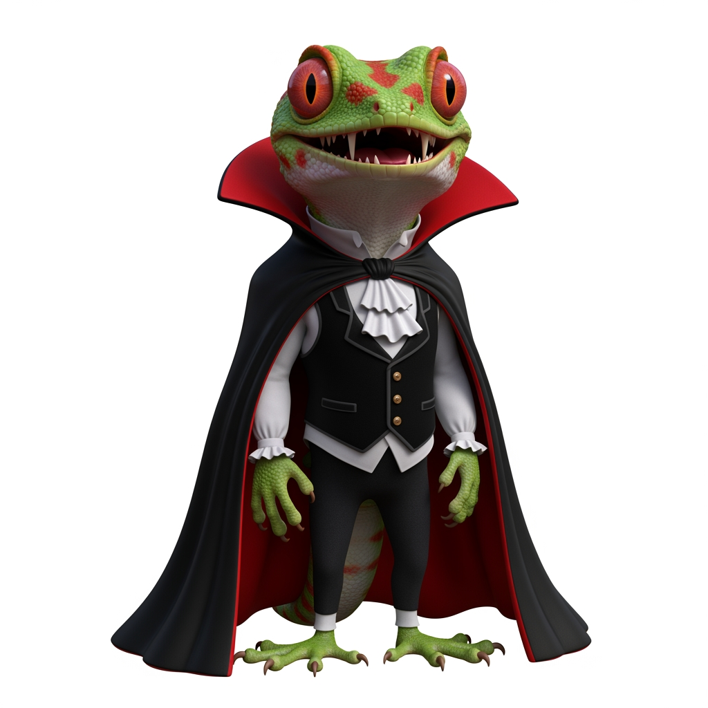 AI Design for Caricatura digital 3D un Phelsuma madagascariensis grandis caracterizado como Diego de la Vega, el Zorro (Sombrero: Un sombrero cordobés o de ala ancha, rígido y de copa plana, completamente negro.Máscara: Un antifaz negro que cubre solo el área alrededor de los ojos, diseñado para ocultar su identidad secreta.Capa: Una capa larga y fluida también de color negro, que utiliza para cubrirse, camuflarse en las sombras o realizar movimientos elegantes y de distracción.Traje: Viste una camisa holgada, pantalones oscuros y una faja en la cintura, todo en tonalidades negras o muy oscuras.Botas: Botas altas de montar en color negro, elaboradas en cuero resistente.). Rasgos faciales altamente exagerados (ojos saltones, mandíbula caída). Renderizado estilo Pixar pero con proporciones grotescas. Fondo Blanco. Estilo humorístico y expresivo.
 el Conde Drácula