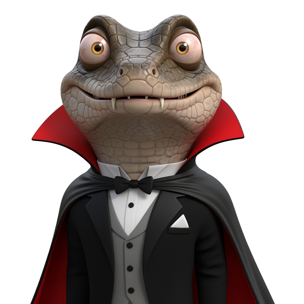 AI Design for Caricatura digital 3D un Tribolonotus Gracilis caracterizado como el Conde Drácula (Esmoquin negro (pañuelo blanco en el bolsillo), chaleco gris y camisa blanca, capa de cuello elevado con interior roja). Rasgos faciales altamente exagerados (ojos saltones, mandíbula caída). Renderizado estilo Pixar pero con proporciones grotescas. Fondo Blanco. Estilo humorístico y expresivo.