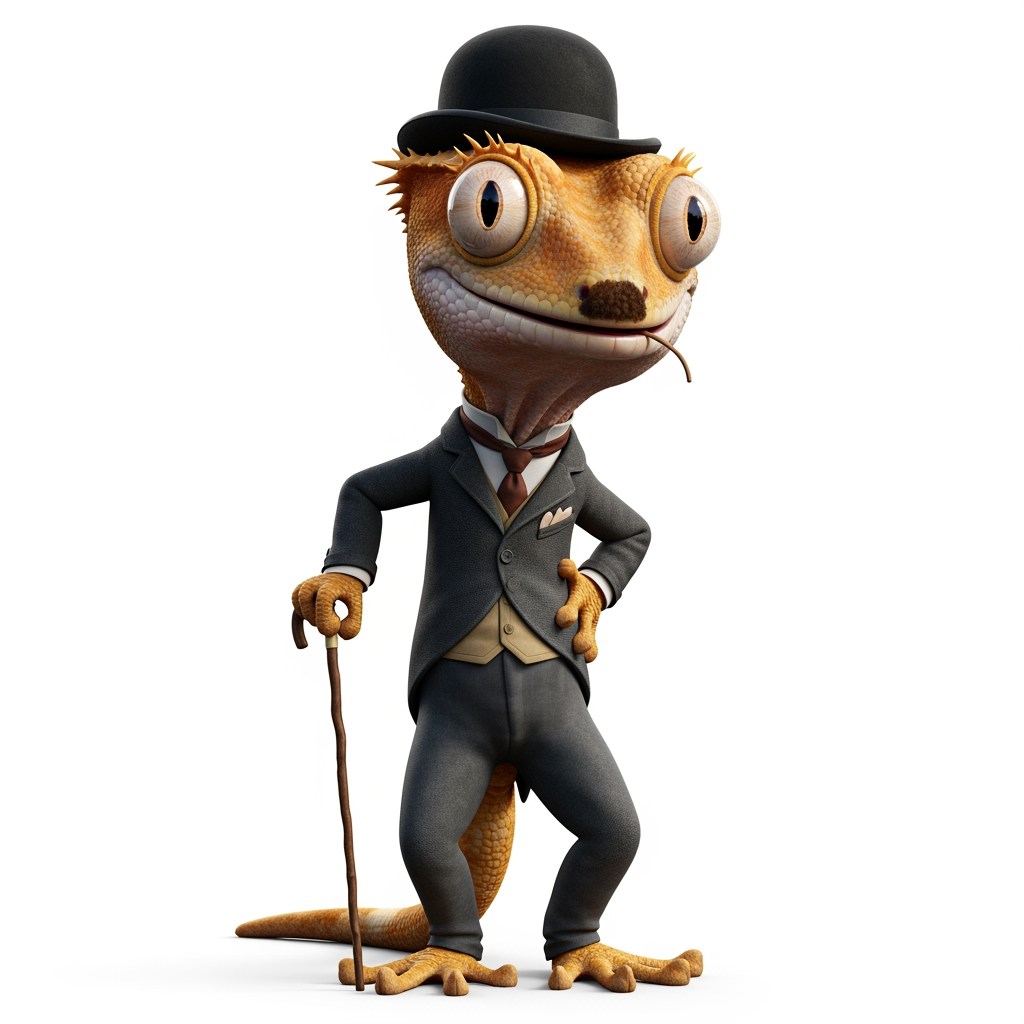 AI Design for Caricatura digital 3D un rhacodactylus ciliatus caracterizada como Charles Chaplin (con bastón, bombín y un traje) con su característico bigote y en una de sus más famosas posturas. Rasgos faciales altamente exagerados (ojos saltones, mandíbula caída). Renderizado estilo Pixar pero con proporciones grotescas. Fondo Blanco. Estilo humorístico y expresivo.
