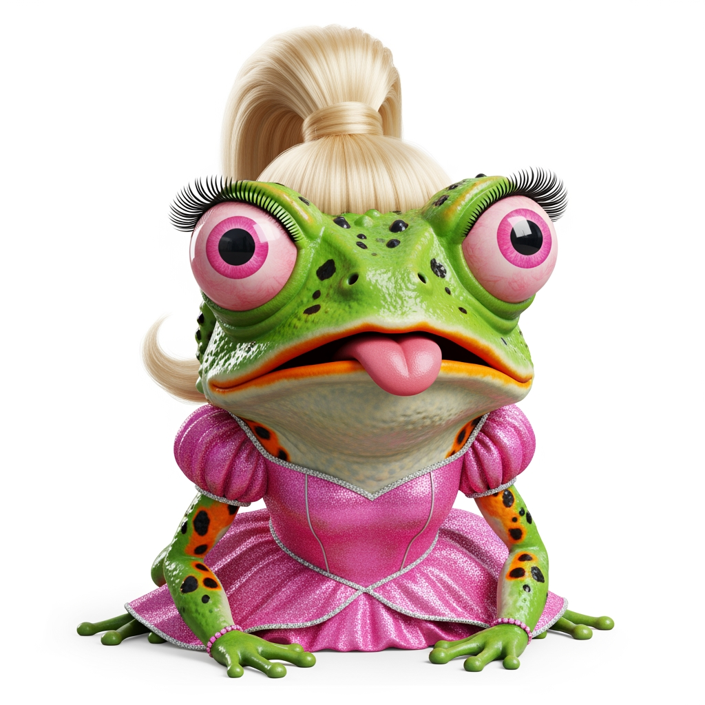 AI Design for Caricatura digital 3D un Bombina orientalis caracterizado como Barbie. Rasgos faciales altamente exagerados (ojos saltones, mandíbula caída). Renderizado estilo Pixar pero con proporciones grotescas. Fondo Blanco. Estilo humorístico y expresivo.