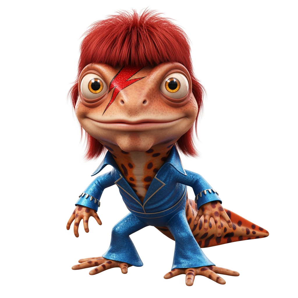 AI Design for Caricatura digital 3D un Cynops orientalis caracterizado como David bowie. Rasgos faciales altamente exagerados (ojos saltones, mandíbula caída). Renderizado estilo Pixar pero con proporciones grotescas. Fondo Blanco. Estilo humorístico y expresivo.