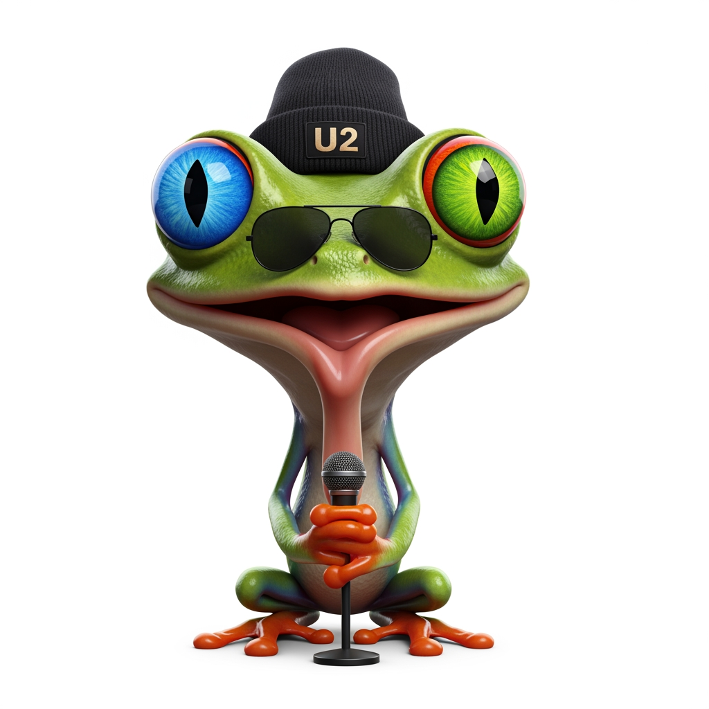AI Design for Caricatura digital 3D un Agalychnis callidryas caracterizado como Bono de U2. Debe tener un ojo de cada color. Rasgos faciales altamente exagerados (ojos saltones, mandíbula caída). Renderizado estilo Pixar pero con proporciones grotescas. Fondo Blanco. Estilo humorístico y expresivo.