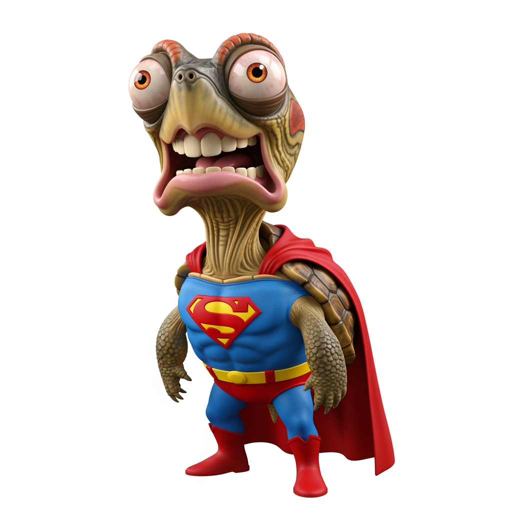 AI Design for Caricatura digital 3D una Trachemys scripta elegans caracterizado como Superman. Rasgos faciales altamente exagerados (ojos saltones, mandíbula caída). Renderizado estilo Pixar pero con proporciones grotescas. Fondo Blanco. Estilo humorístico y expresivo.